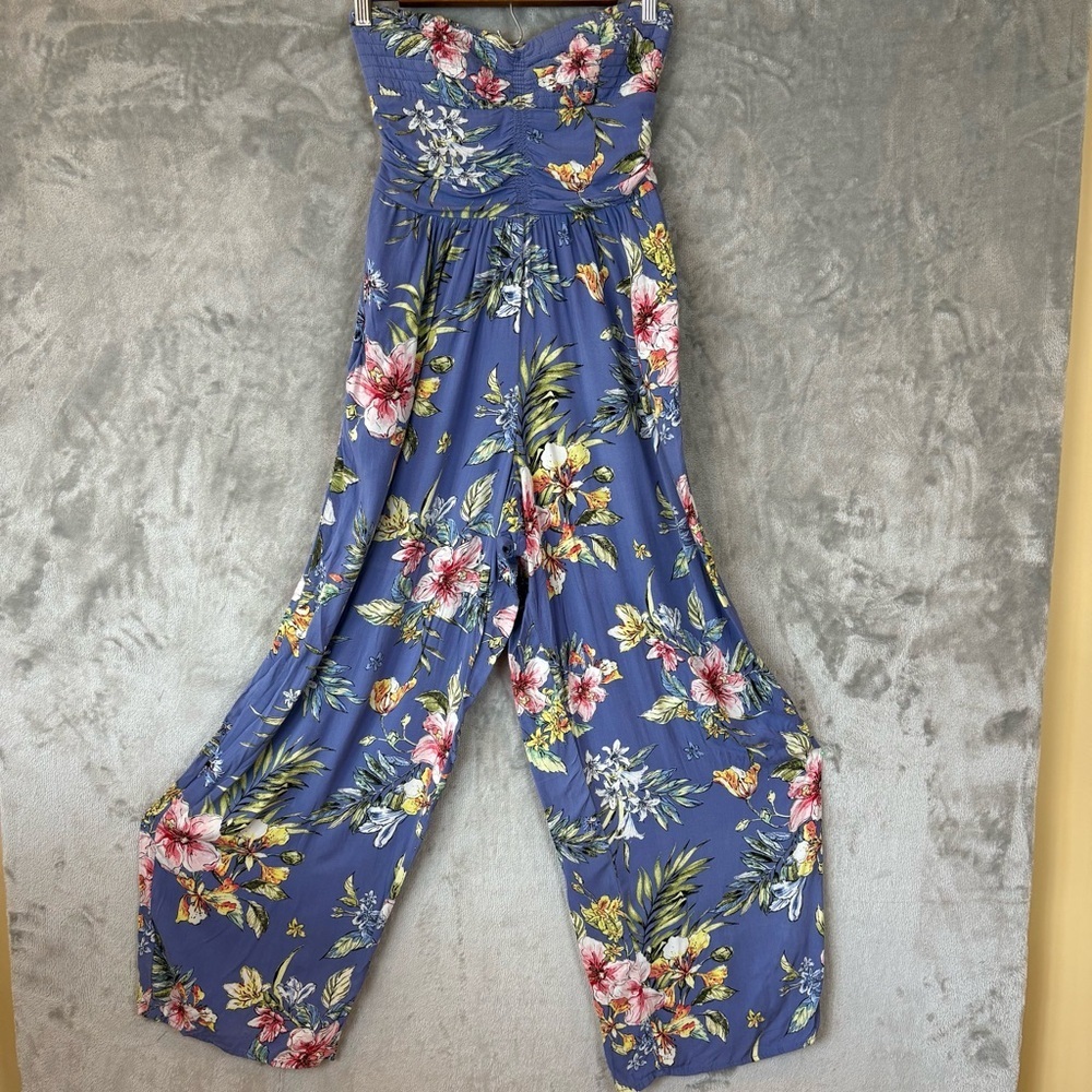 Band of Gypsies Jumpsuit Strapless Floral Blue Pockets Boho Sz Small